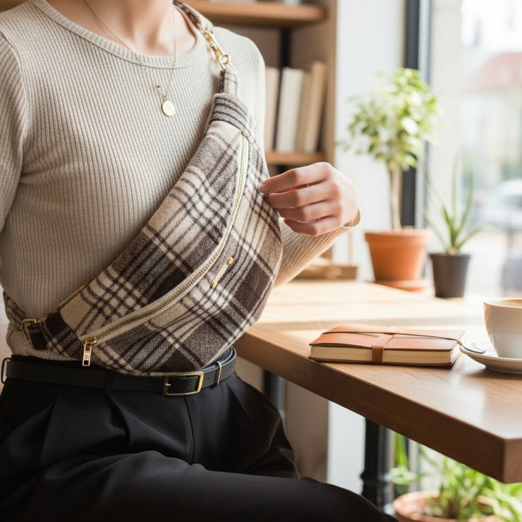 SAC BANANE - TARTAN - BEIGE/MARRON